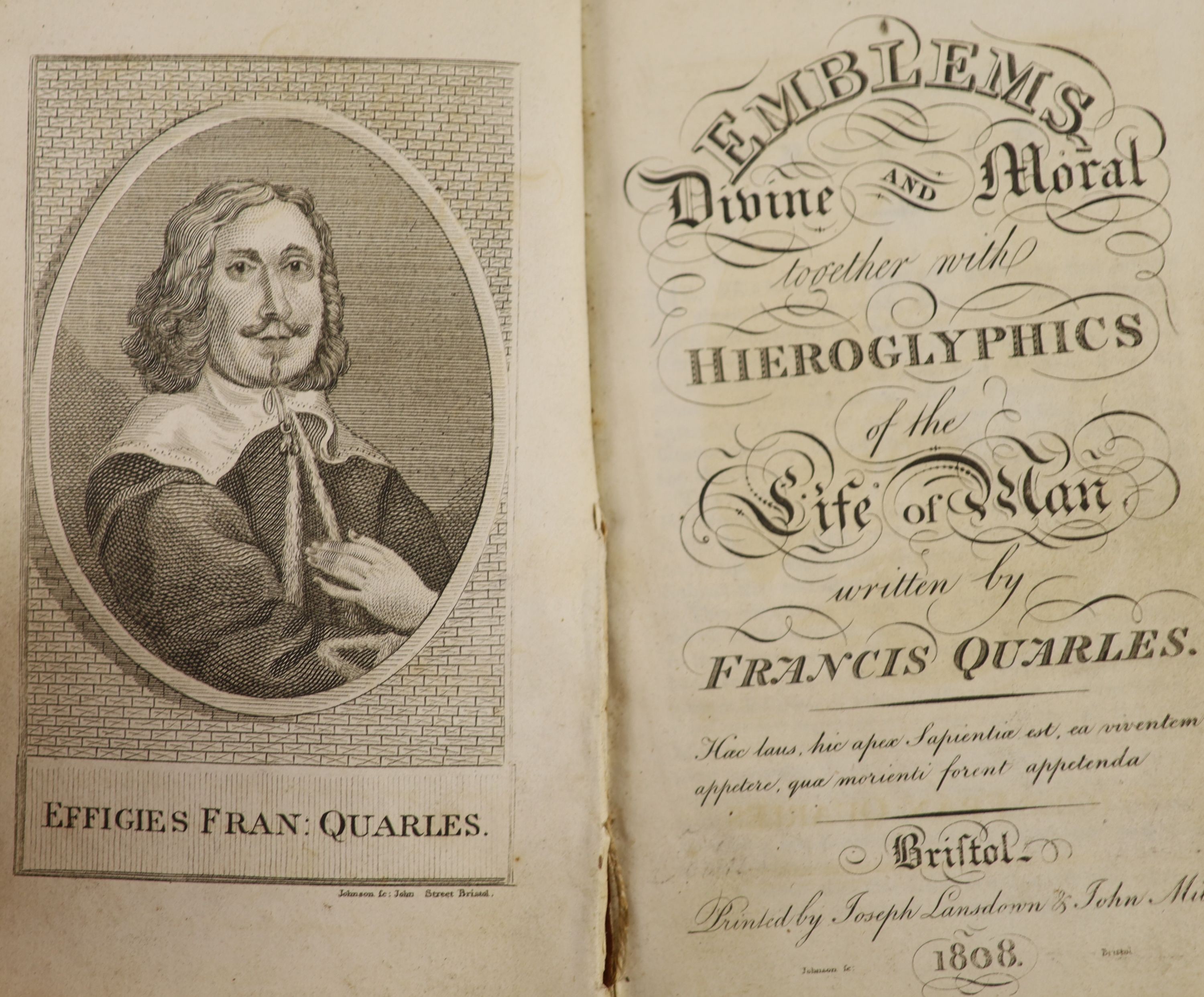 Quarles, Francis - Divine Poems ... written and newly augmented ... lacks engraved title; (13), 266, (6), 267-502pp.; newly rebound half morocco and cloth, gilt-lettered panelled spine, sm.8vo. for I. Marriot ... 1633; t